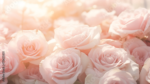 A bouquet of delicate pink roses illuminated by a soft, warm light, creating an intimate and romantic floral scene.