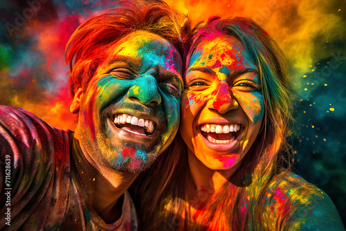Cheerful young couple dancing in colorful powder explosion on street at happy holi festival party