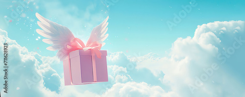Pink gift box with white wings flies across the sky among the clouds. In pink and white colors. Message for Valentine's Day. Banner. 