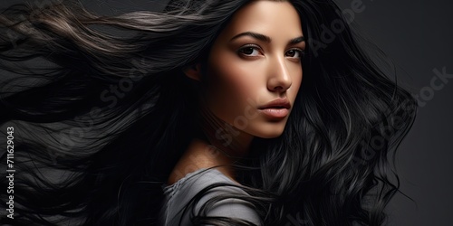 Stunning young woman with long healthy black hair. Beautiful wavy shiny hair. Hair salon banner