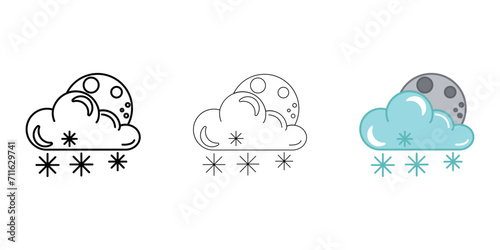 Cloud with moon and heavy snow Weather Icon vector image on white background. Three icons thick, thin, colored outline. Can be used for mobile apps, web apps and print media