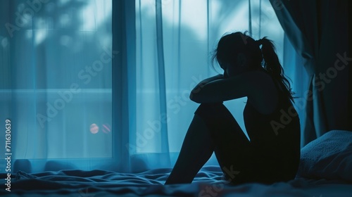 Silhouette of a woman sitting on bed feeling sleepless, suffering from emotional stress