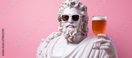 Sculpture of the god Zeus with a glass of beer on a pink background. Weekend concept.