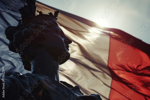 Sculpture of Marianne with the flag of France in the background.