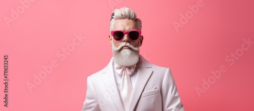 Portrait of stylish senior man with white beard and sunglasses isolated on pink background