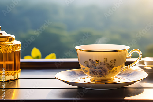 morning ceylon cup of tea on table 