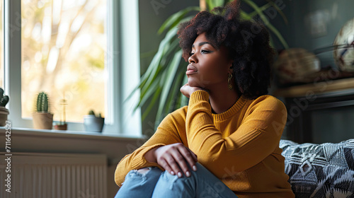 Black woman feeling depression symptoms alone at home