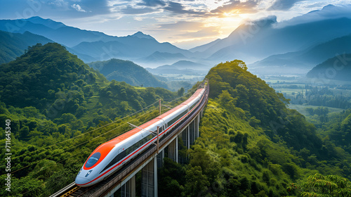 High-speed bullet train crossing a scenic landscape --ar 16:9 --v 6.0