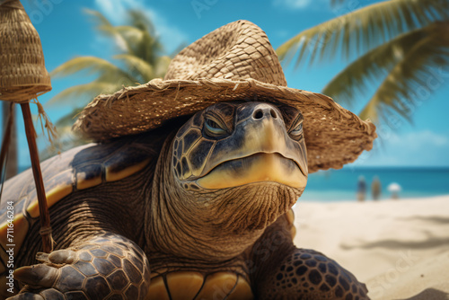 turtle with straw hat on the beach