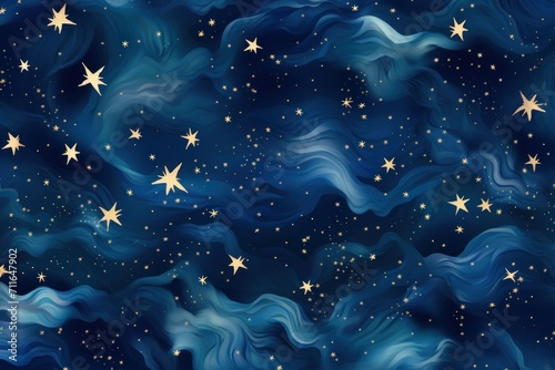 Azure magic starry night. Seamless vector pattern with stars texture marble
