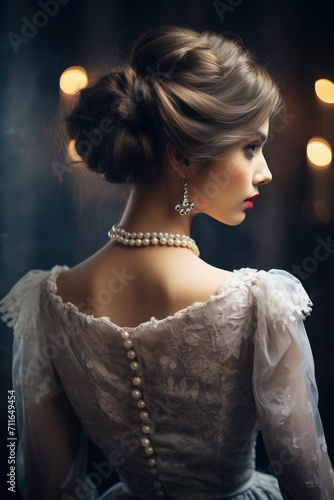 Elegant woman, viewed from behind, dons a timeless antique dress and intricate jewelry, creating a captivating scene for a book cover with a touch of historical allure.