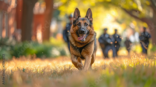 A visually dynamic capture of a K9 unit in action, with a police dog demonstrating its training alongside a dedicated officer, illustrating the teamwork and specialized skills with