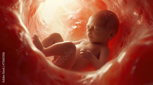 Little human baby inside mother womb. Small embryo in uterus. Cute unborn child sleep in belly. Origin beginning of life concept. Woman pregnancy. Tiny innocent infant grow. Childbirth medical science