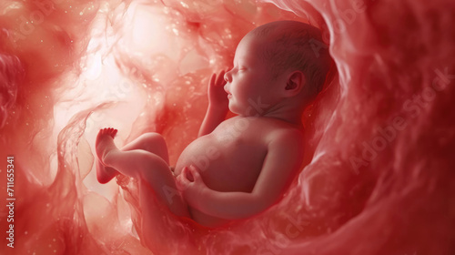 Little human baby inside mother womb. Small embryo in uterus. Cute unborn child sleep in belly. Origin beginning of life concept. Woman pregnancy. Tiny innocent infant grow. Childbirth medical science