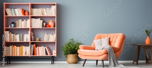 Modern scandinavian living room with upward color interior sofa, chair, and bookshelf.