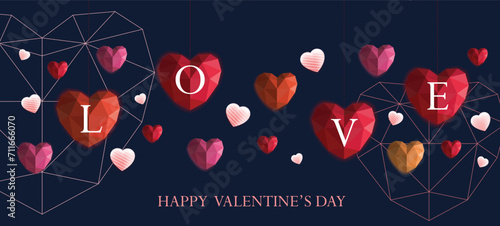 Valentine's Day sale poster with love polygon hearts and heart symbol and pink gold heart outline on blue background.