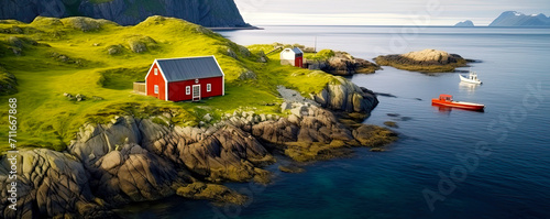 Aerial view of typical red house on shore in northern Europe. Postproducted generative AI illustration.