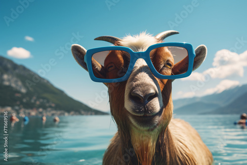 goat with swimming goggles