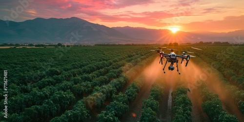 Aerial view of drone flying to spraying fertilizer on tomato farm, mountains is background