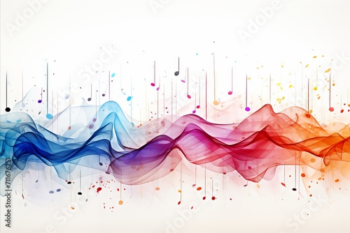 Colorful musical abstract background with neural network generated flying notes on white backdrop