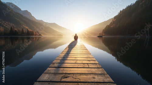 Der Sonnenaufgang auf dem Steg am See in den Bergen schafft Ruhe für den Mann und er genießt die Zeit