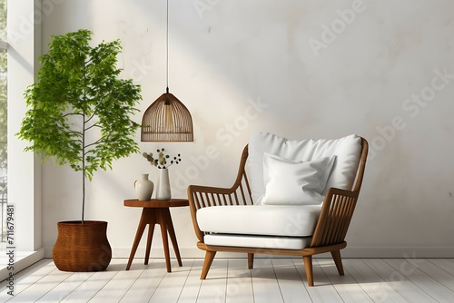 Interior with armchair and plant, 3d render illustration mock up