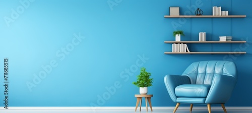 Scandinavian blue nova modern living room with sofa, chair, and bookshelf against blue wall.