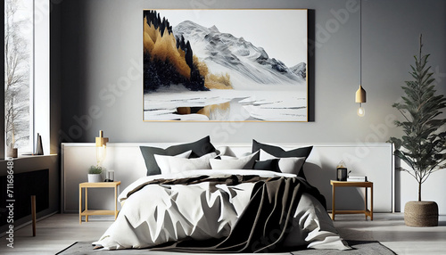 Scandinavian interior design of modern bedroom with big art poster frame minimalist Background, Ai generated image