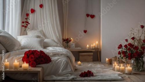 Bedroom decorated with red roses and candles, romanticism