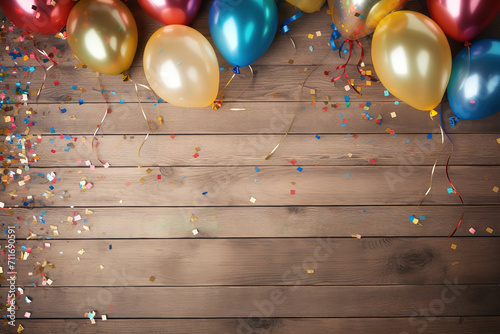 Hintergrund für Fasching, Luftballons und Konfetti auf Holzhintergrund mit Textfreiraum