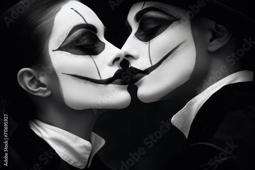 Close up portrait of romantic scene of woman and man mimes kissing with black and white faceart on their faces. Theater masks and World Theatre Day concept.