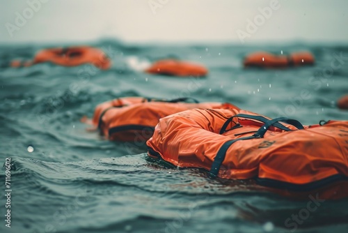 Orange life jacket floating in sea. Emergency rescue equipment. The disaster of the ship sinking and life jackets floating unused
