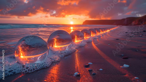 A row of isometric glass globe on a beach