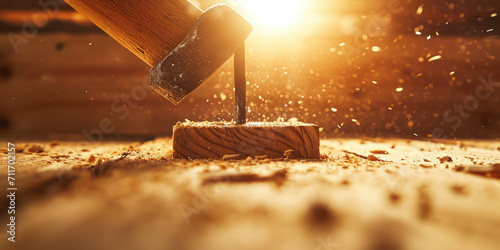 Classic Hammer Driving Nail into Weathered Wooden Beam. Close-up of an old hammer driving a square nail into a rustic wooden beam.