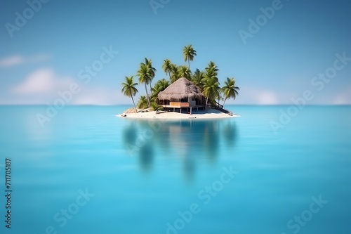 Tropical island with palms and hut surrounded sea blue water
