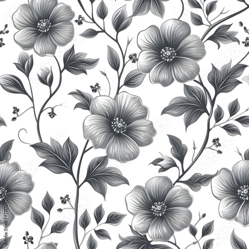 Seamless pattern with grey flowers, abstract vintage floral print, botanic tile, AI illustration, for wallpaper or fabric.