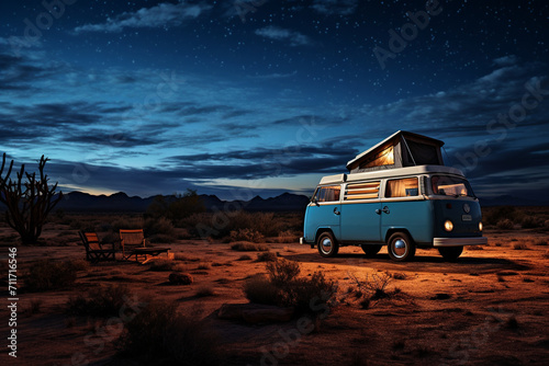 A camper van parked under a canopy of stars in a remote desert, capturing the essence of a nomadic road trip.