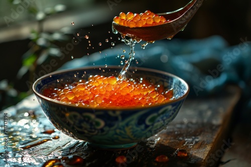 Red caviar in a ceramic bowl and in the spoon above it, atmospheric photo