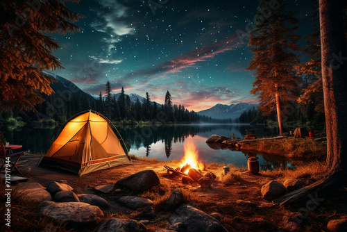 A serene lakeside campsite with a tent and a bonfire, under a star-studded night sky, reflecting the tranquility of camping journeys.