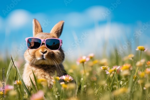 Cool easter bunny with pink sunglasses outdoor on a sunny spring day , green meadow with flowers