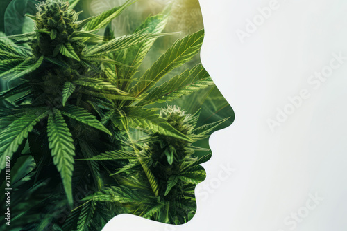 Woman silhouette double exposure with green cannabis plants