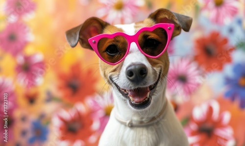 Happy Jack Russell Terrier Dog wearing pink heart-shaped sunglasses on a floral background. Spring.