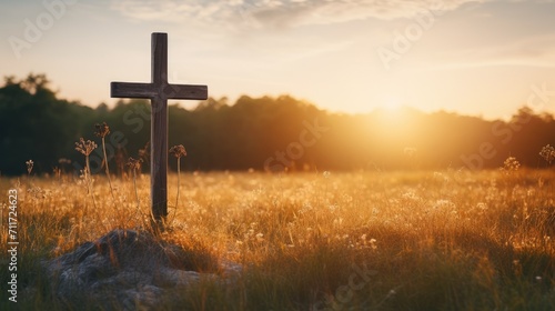 Silhouette jesus christ crucifix on cross on calvary sunset background concept for good friday he is risen in easter day, good friday jesus death on crucifix, world christian and holy spirit religious