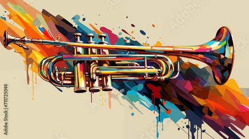 Abstract and colorful illustration of a trumpet on a cream background
