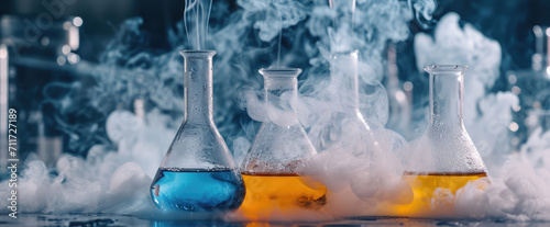 Glass test tube with a smoking liquid. Vaporizing blue liquids in a chemistry lab. Developing a new formulation, inventing a formula, mixing chemical actives.