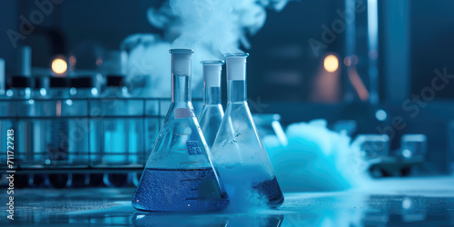 Glass test tube with a smoking liquid. Vaporizing blue liquids in a chemistry lab. Developing a new formulation, inventing a formula, mixing chemical actives.