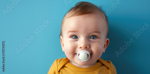 Smiling baby boy with pacifier portrait on flat blue background with copy space. Banner template with infant child smile.