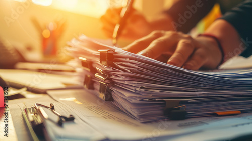 Close-up of a person's hands sorting through a large stack of papers and documents secured with black binder clips