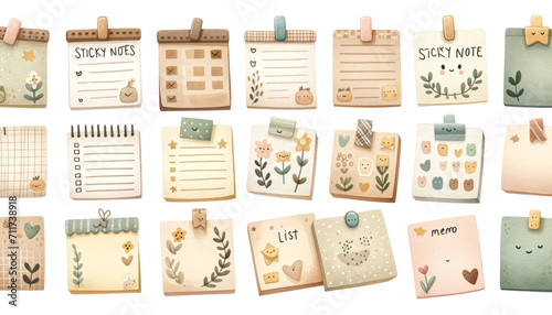 watercolor memo list items with cute faces and floral designs, perfect for organization and scrapbooking themes.