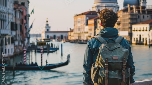Young student man traveler with backpack on the Grand Canal in Venice, Italy